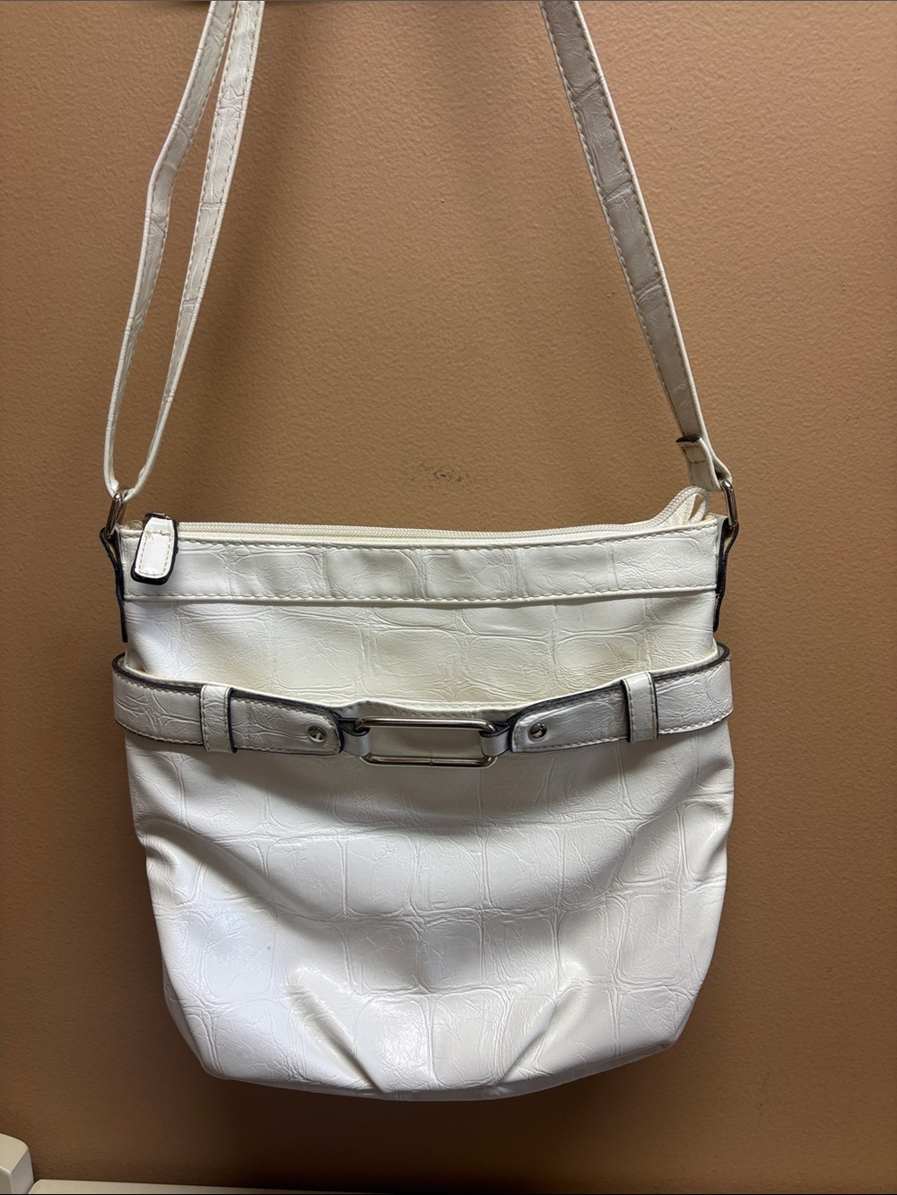 White Croc-Embossed Faux Leather Shoulder Bag